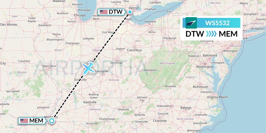 WS5532 WestJet Flight Map: Detroit to Memphis