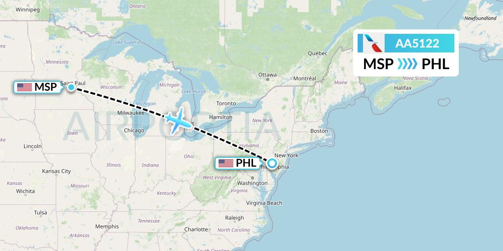 AA5122 American Airlines Flight Map: Minneapolis to Philadelphia