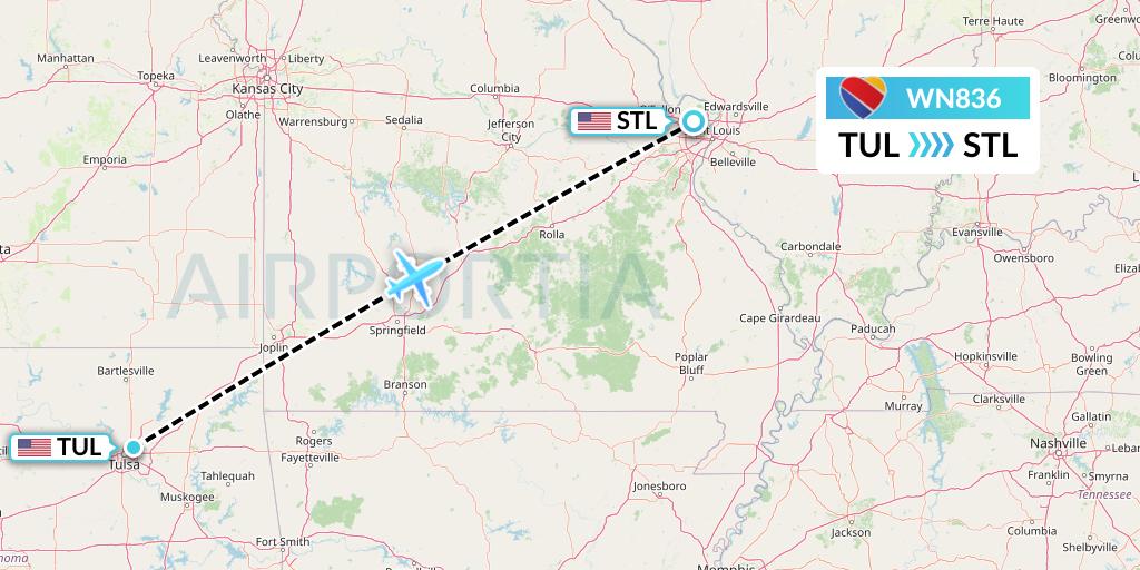 WN836 Southwest Airlines Flight Map: Tulsa to St. Louis