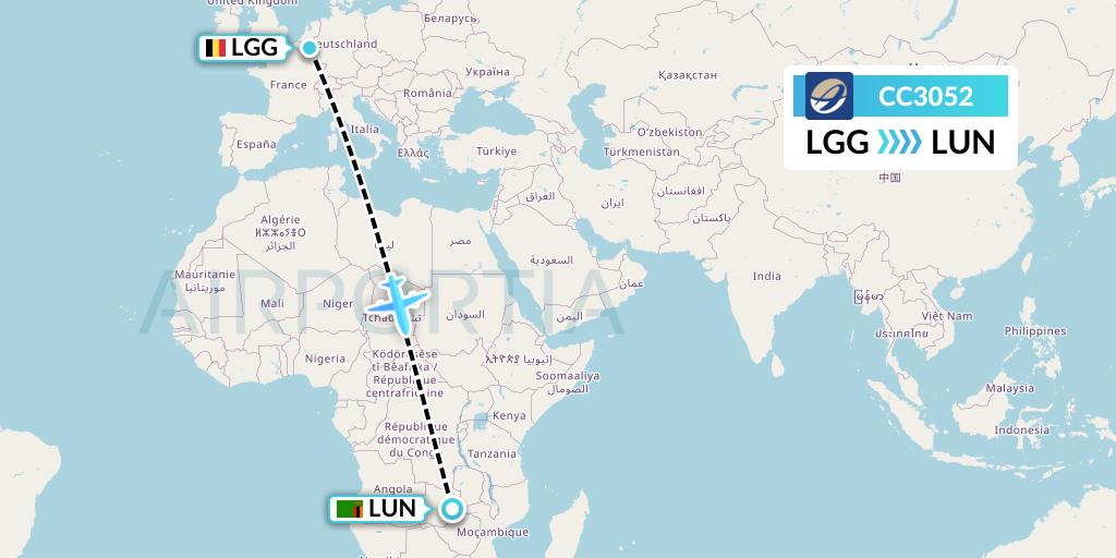 CC3052 CM Airlines Flight Map: Liege to Lusaka