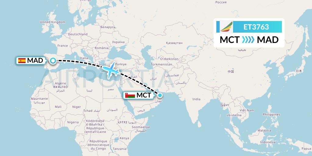 ET3763 Ethiopian Airlines Flight Map: Muscat to Madrid