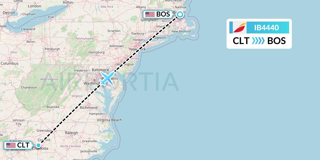 IB4440 Iberia Flight Map: Charlotte to Boston