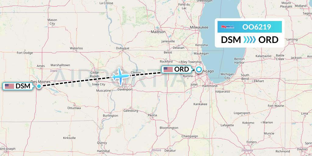 OO6219 SkyWest Airlines Flight Map: Des Moines to Chicago