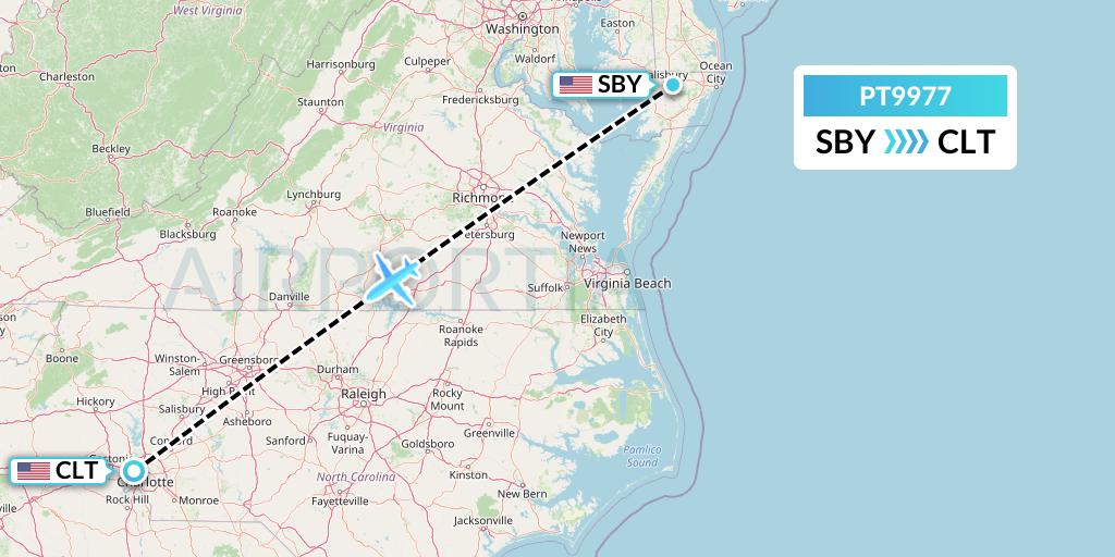 PT9977 Piedmont Airlines Flight Map: Salisbury to Charlotte