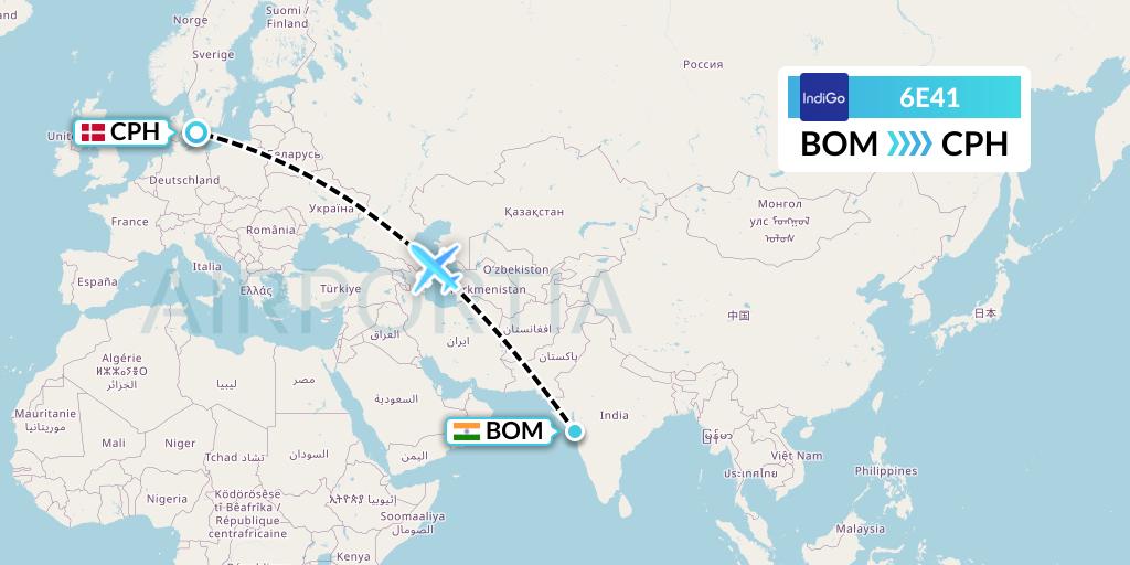 6E41 IndiGo Airlines Flight Map: Mumbai to Copenhagen