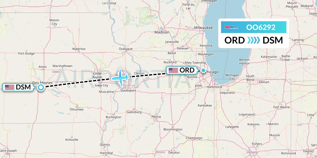 OO6292 SkyWest Airlines Flight Map: Chicago to Des Moines