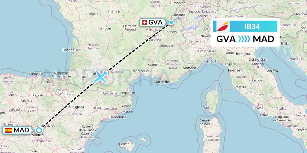 IB34 Iberia Flight Map: Geneva to Madrid
