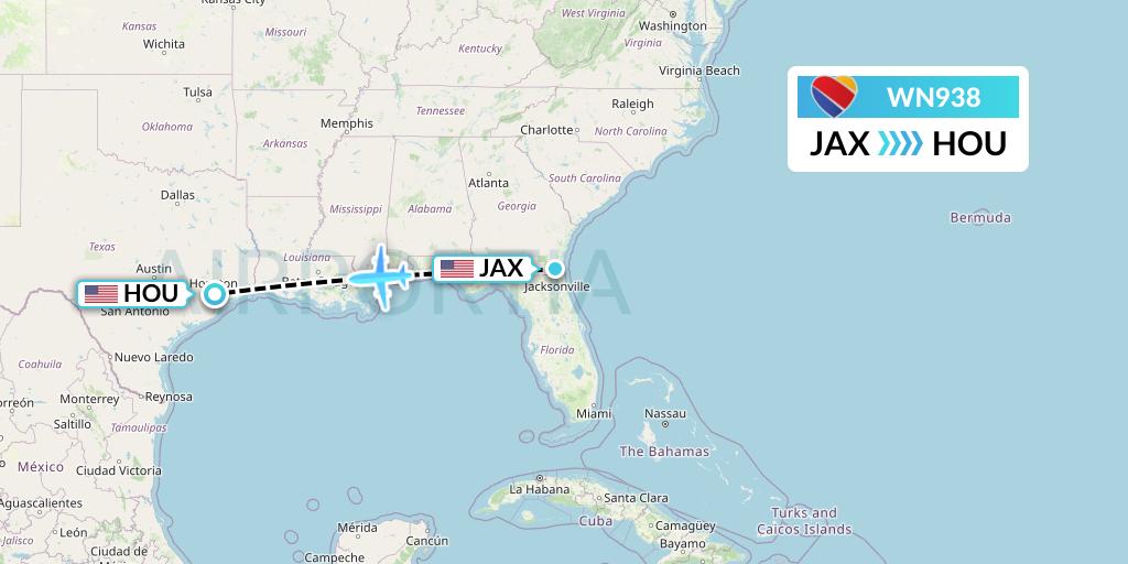WN938 Southwest Airlines Flight Map: Jacksonville to Houston