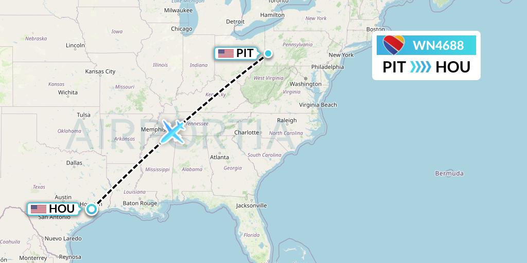 WN4688 Southwest Airlines Flight Map: Pittsburgh to Houston