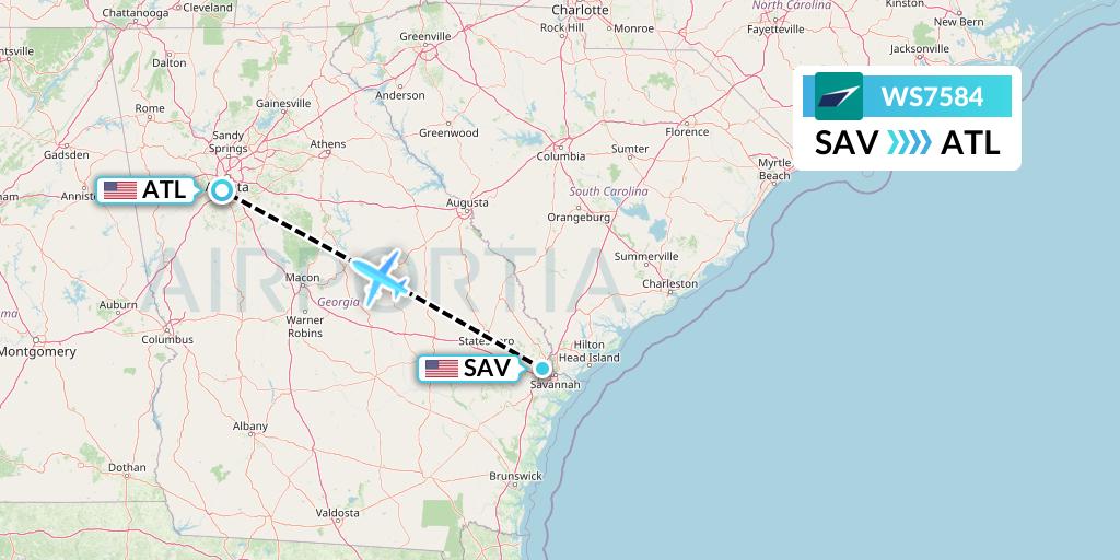 WS7584 WestJet Flight Map: Savannah to Atlanta