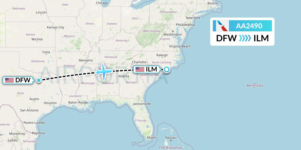 AA2490 American Airlines Flight Map: Dallas to Wilmington
