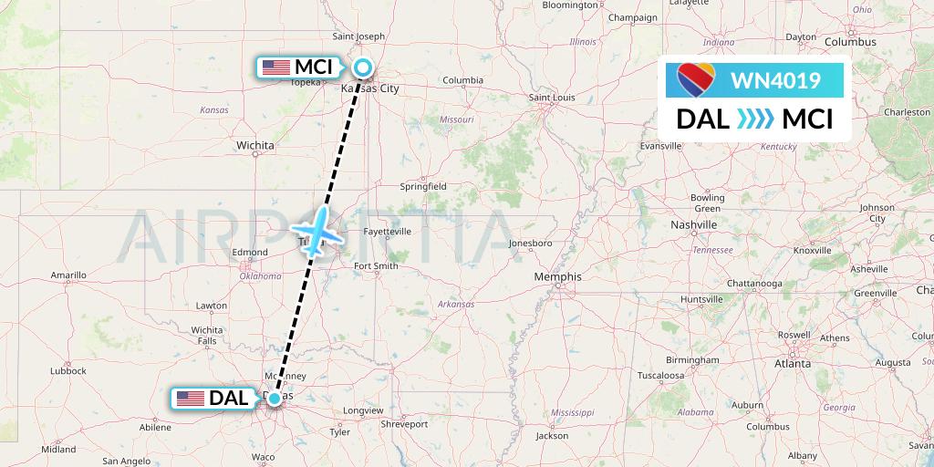 WN4019 Southwest Airlines Flight Map: Dallas to Kansas City