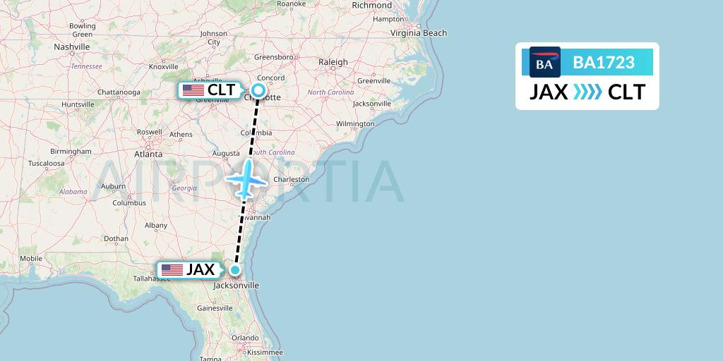 BA1723 British Airways Flight Map: Jacksonville to Charlotte