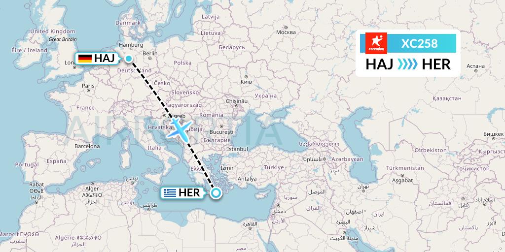 XC258 Corendon Airlines Flight Map: Hannover to Heraklion
