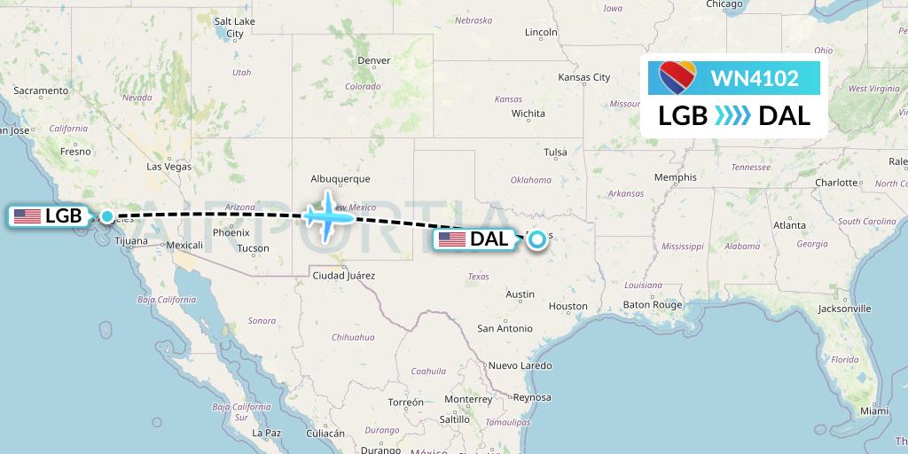 WN4102 Southwest Airlines Flight Map: Long Beach to Dallas