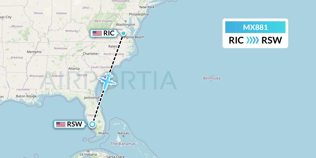 MX881 Breeze Airways Flight Map: Richmond to Fort Myers
