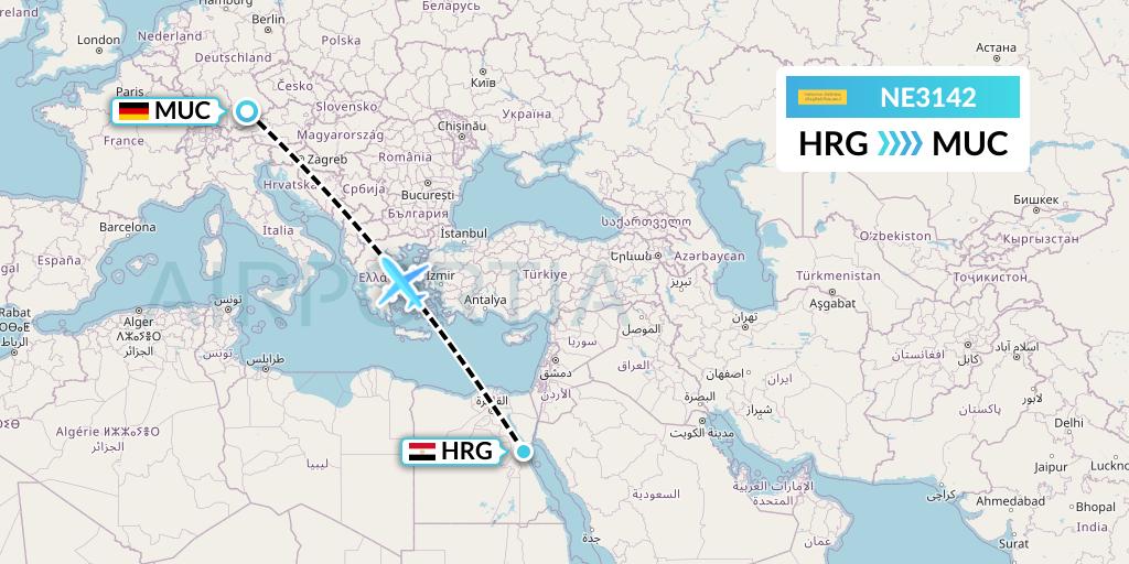 NE3142 Nesma Airlines Flight Map: Hurghada to Munich