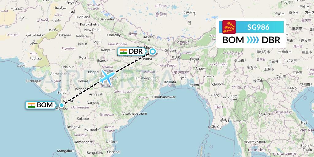 SG986 SpiceJet Flight Map: Mumbai to Darbhanga
