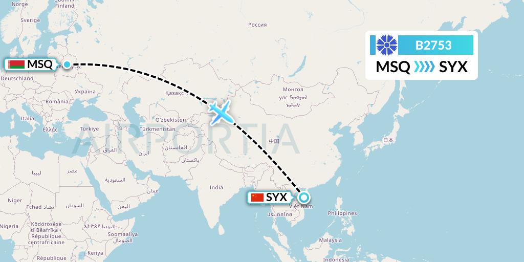 B2753 Belavia Flight Map: Minsk to Sanya