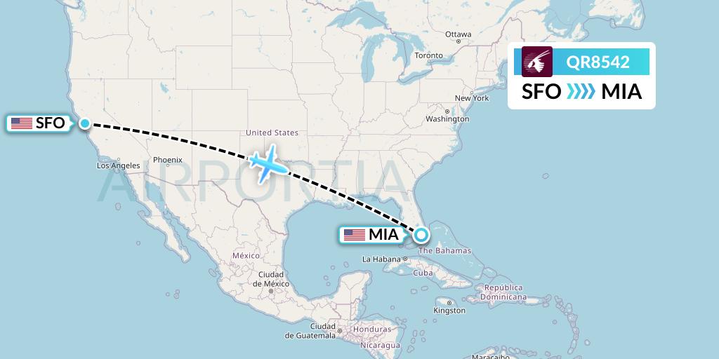 QR8542 Qatar Airways Flight Map: San Francisco to Miami