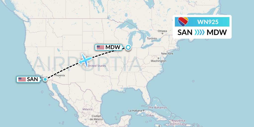 WN925 Southwest Airlines Flight Map: San Diego to Chicago