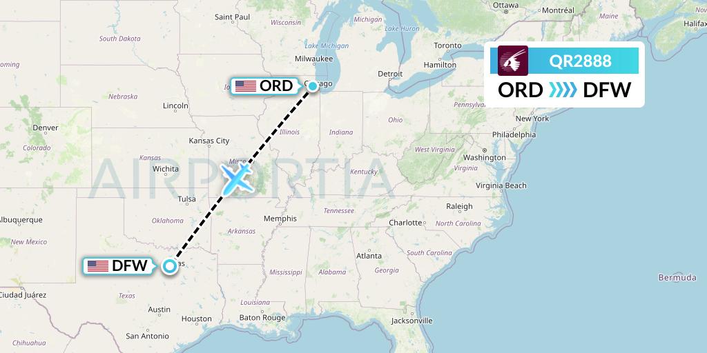 QR2888 Qatar Airways Flight Map: Chicago to Dallas