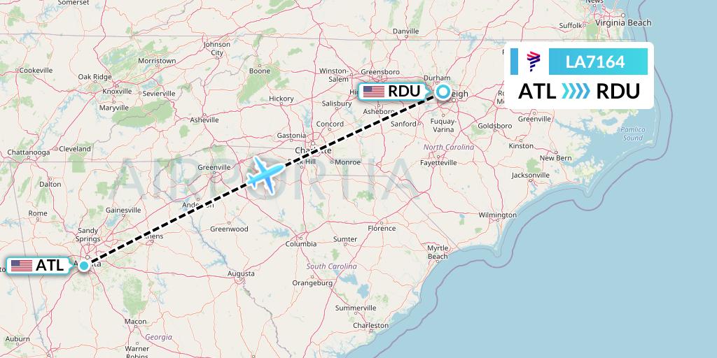 LA7164 LAN Airlines Flight Map: Atlanta to Raleigh-Durham