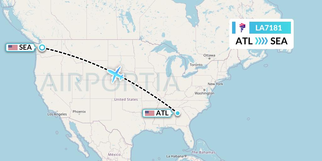 LA7181 LAN Airlines Flight Map: Atlanta to Seattle