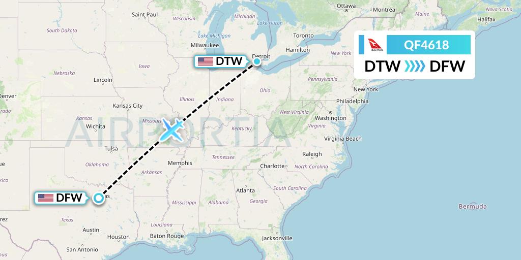 QF4618 Qantas Flight Map: Detroit to Dallas
