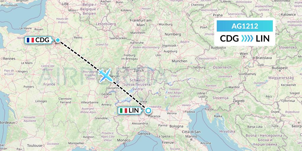 AG1212 Aruba Airlines Flight Map: Paris to Milan