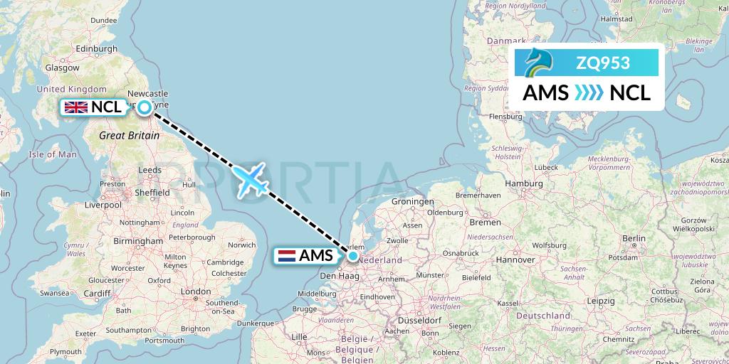 ZQ953 Azman Air Flight Map: Amsterdam to Newcastle