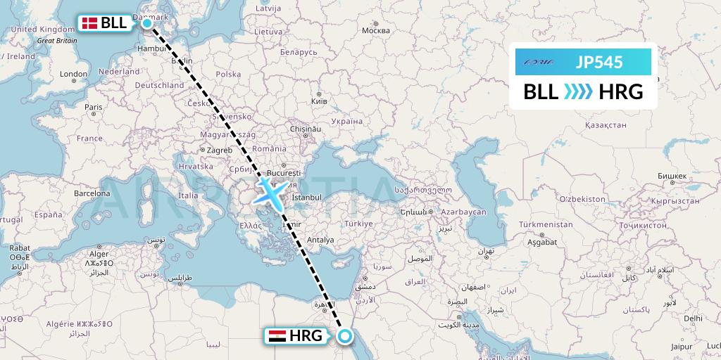 JP545 Adria Airways Flight Map: Billund to Hurghada