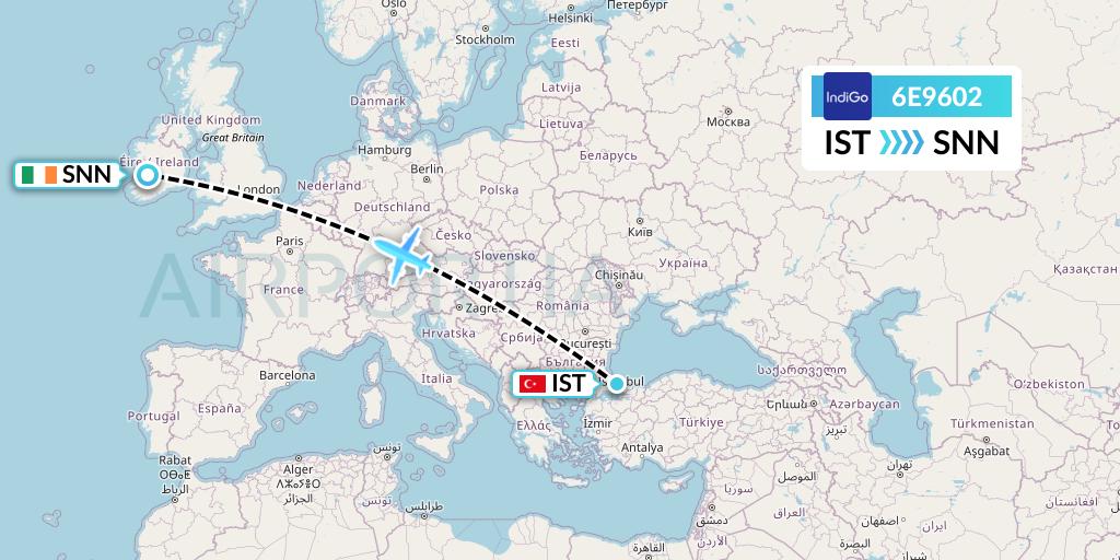 6E9602 IndiGo Airlines Flight Map: Istanbul to Shannon