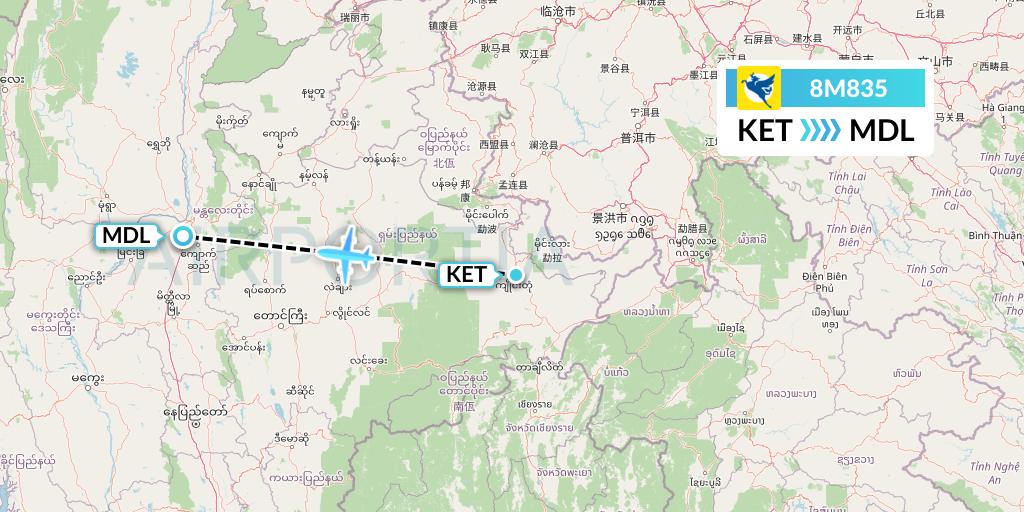 8M835 Myanmar Airways International Flight Map: Kengtung to Mandalay