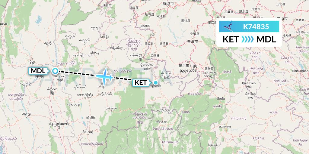K74835 Air KBZ Flight Map: Kengtung to Mandalay