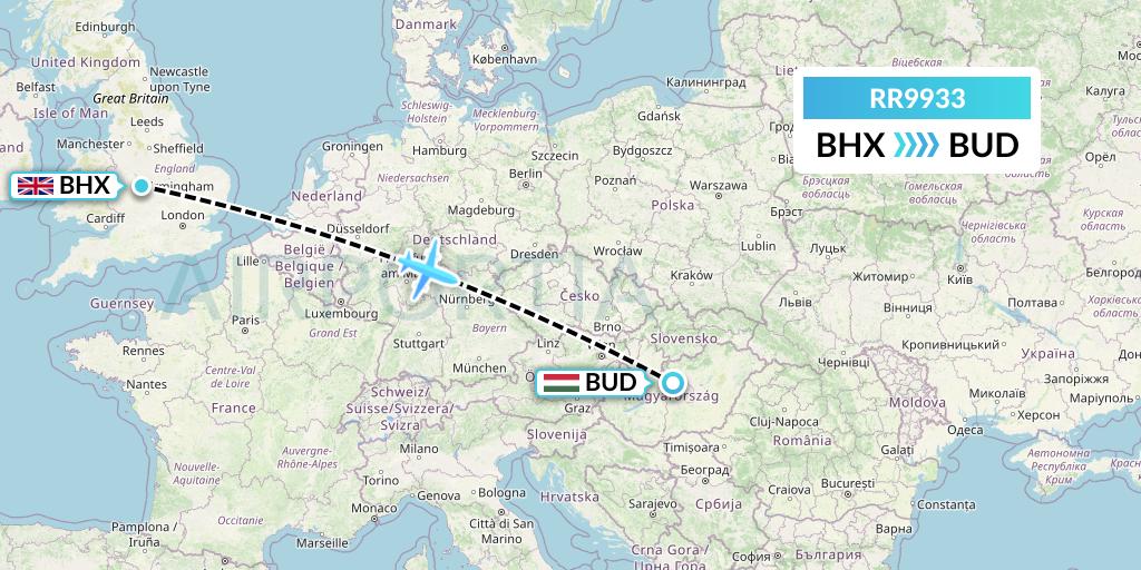 RR9933 Royal Air Force Flight Map: Birmingham to Budapest