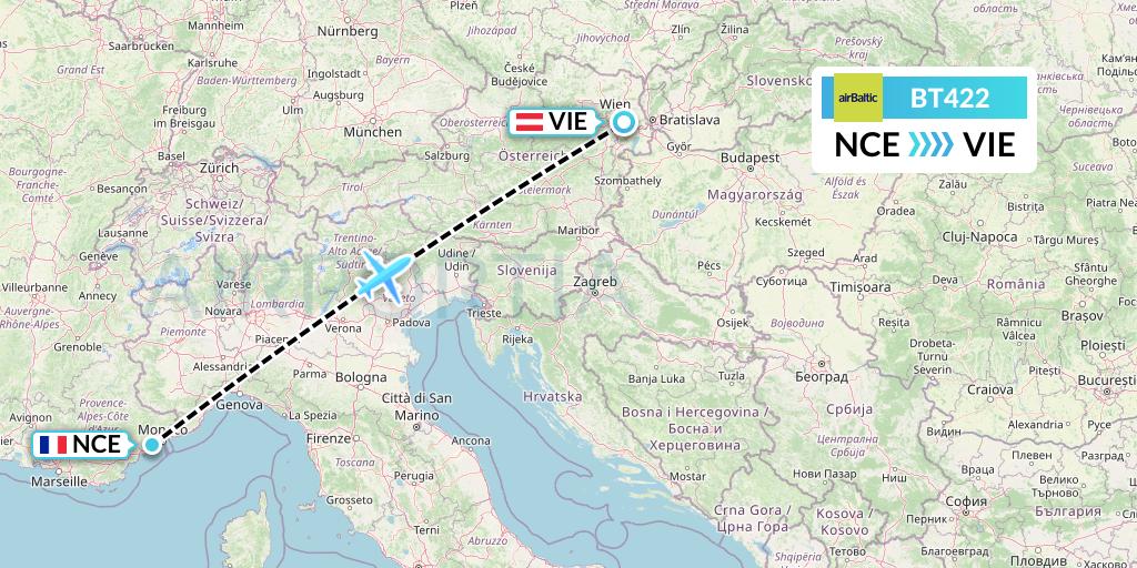BT422 Air Baltic Flight Map: Nice to Vienna