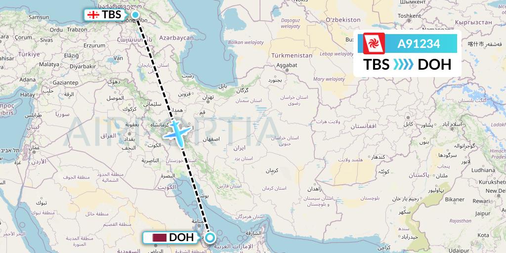 A91234 Georgian Airways Flight Map: Tbilisi to Doha