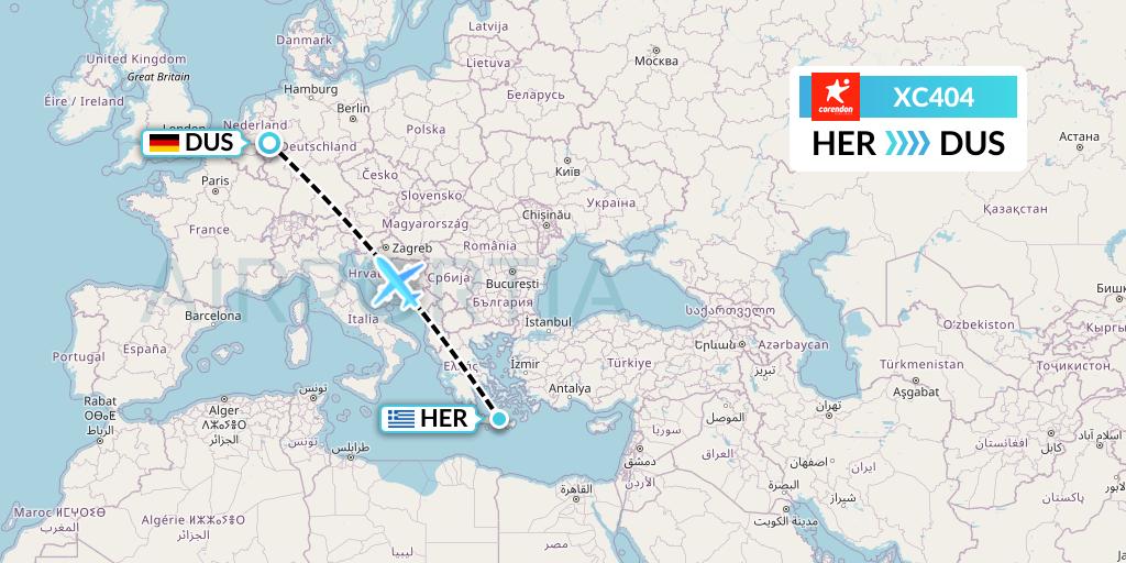 XC404 Corendon Airlines Flight Map: Heraklion to Dusseldorf