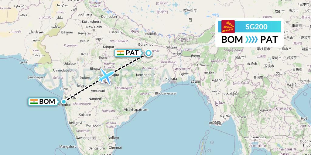 SG200 SpiceJet Flight Map: Mumbai to Patna