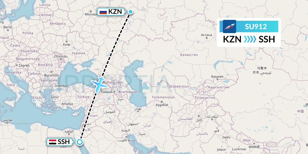 SU912 Aeroflot Flight Map: Kazan to Sharm el-Sheikh