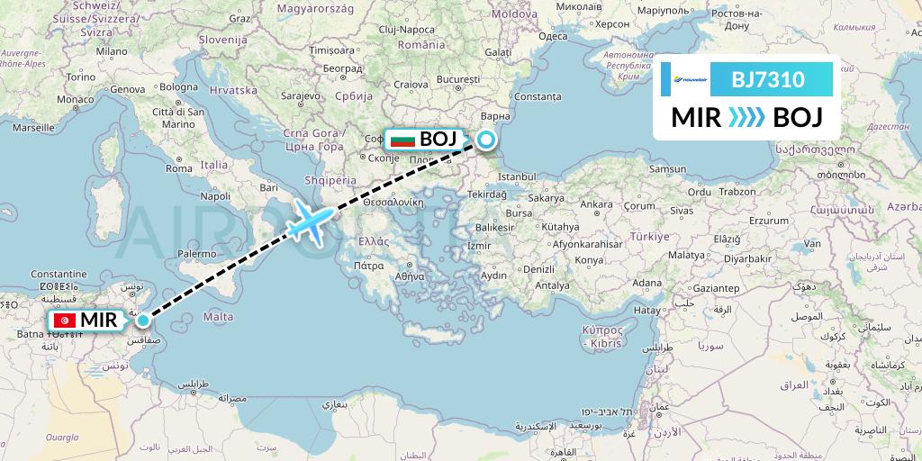BJ7310 Nouvelair Tunisie Flight Map: Monastir to Burgas