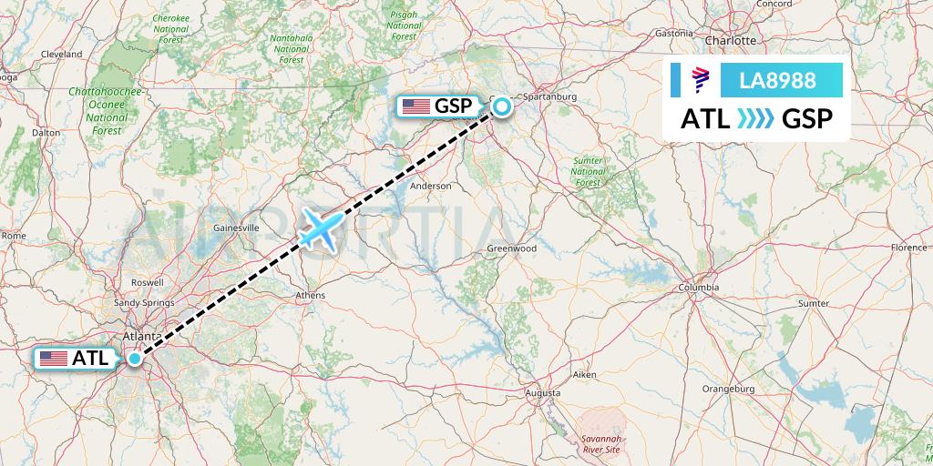 LA8988 LAN Airlines Flight Map: Atlanta to Greenville-Spartanburg