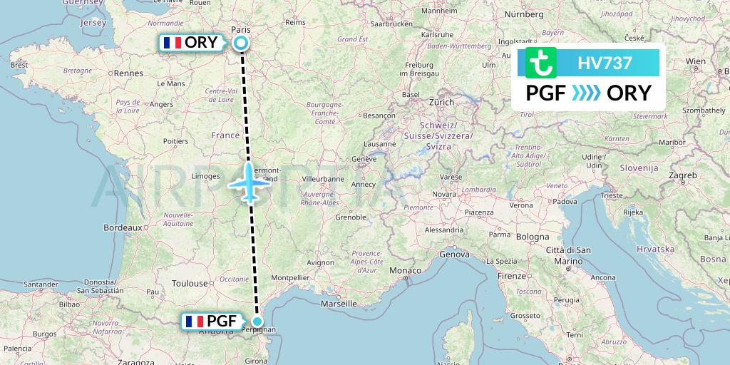 HV737 Transavia Flight Map: Perpignan to Paris