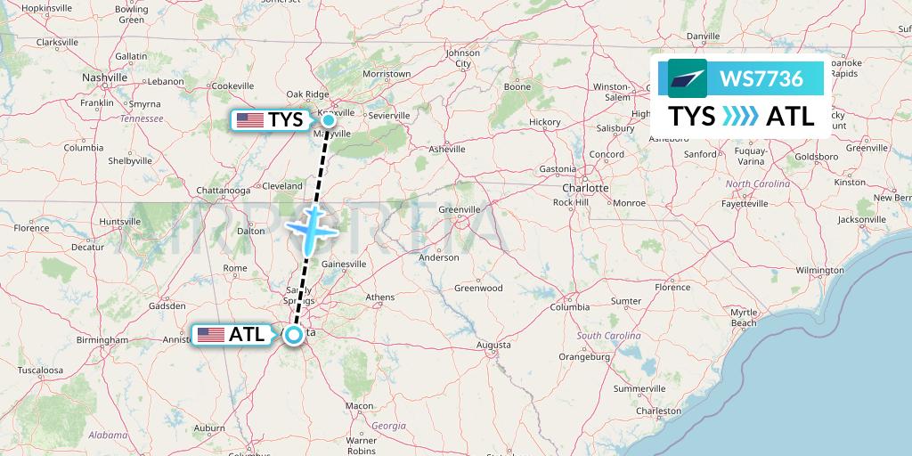 WS7736 WestJet Flight Map: Knoxville to Atlanta