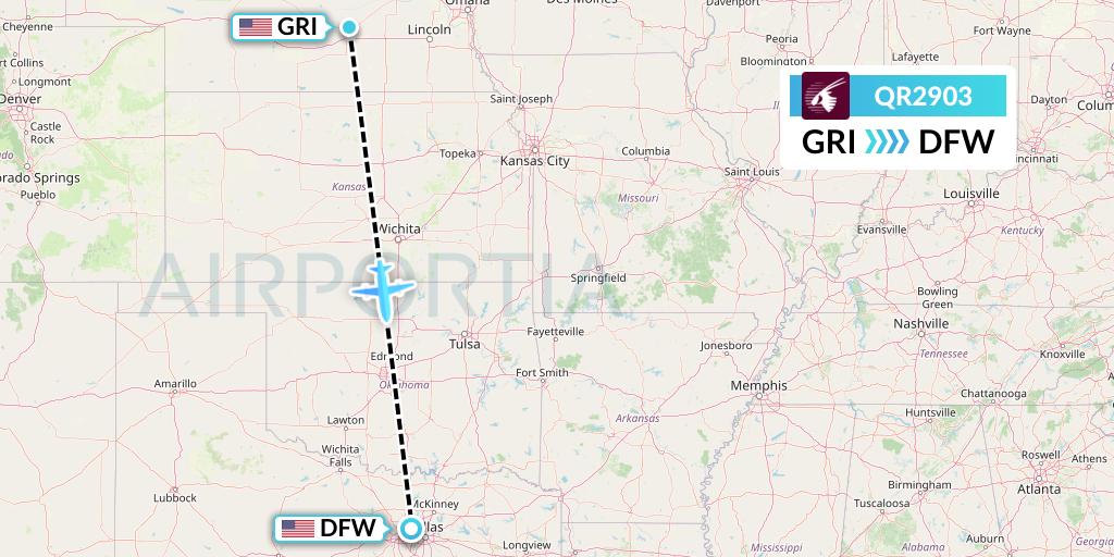QR2903 Qatar Airways Flight Map: Grand Island to Dallas