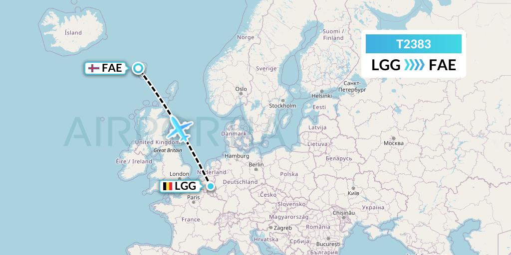 T2383 Tair Airways Flight Map: Liege to Vagar