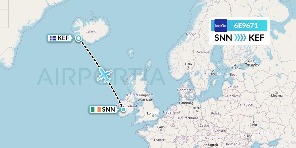 6E9671 IndiGo Airlines Flight Map: Shannon to Reykjavik