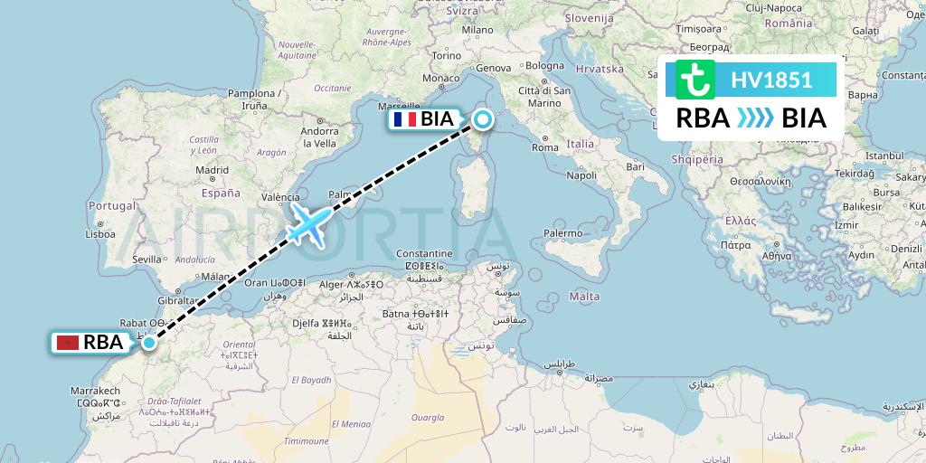 HV1851 Transavia Flight Map: Rabat to Bastia