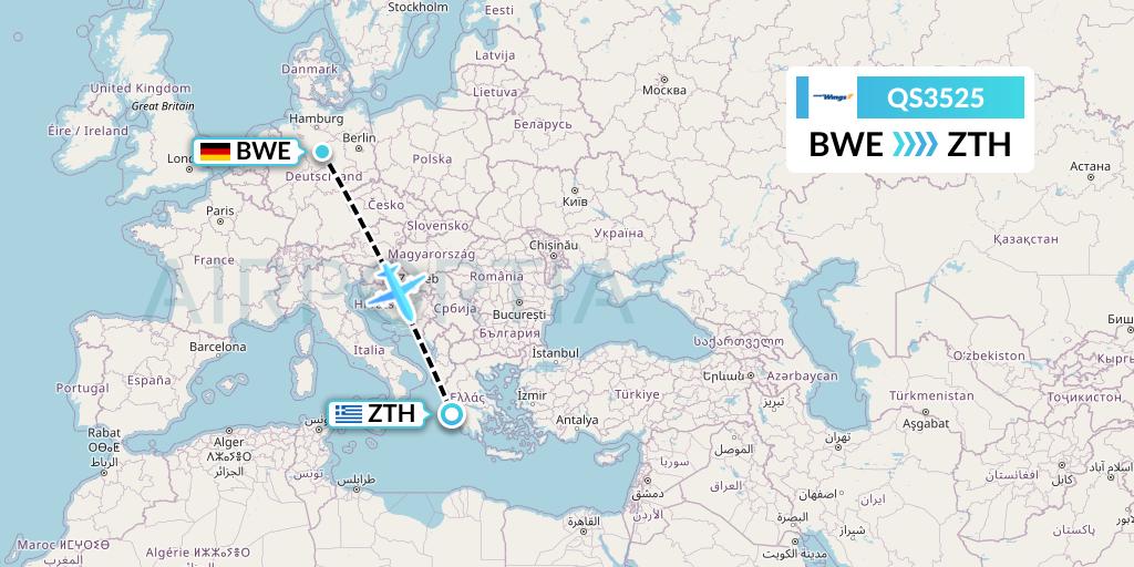 QS3525 Smartwings Flight Map: Braunschweig to Zakynthos